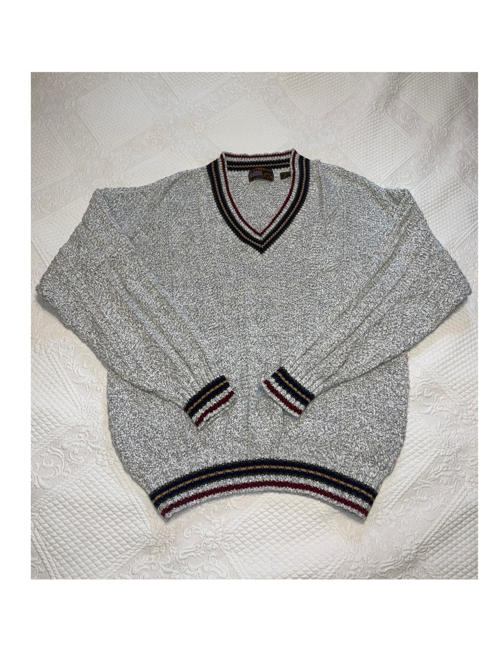 Gray V-Neck Striped-Trim Sweater